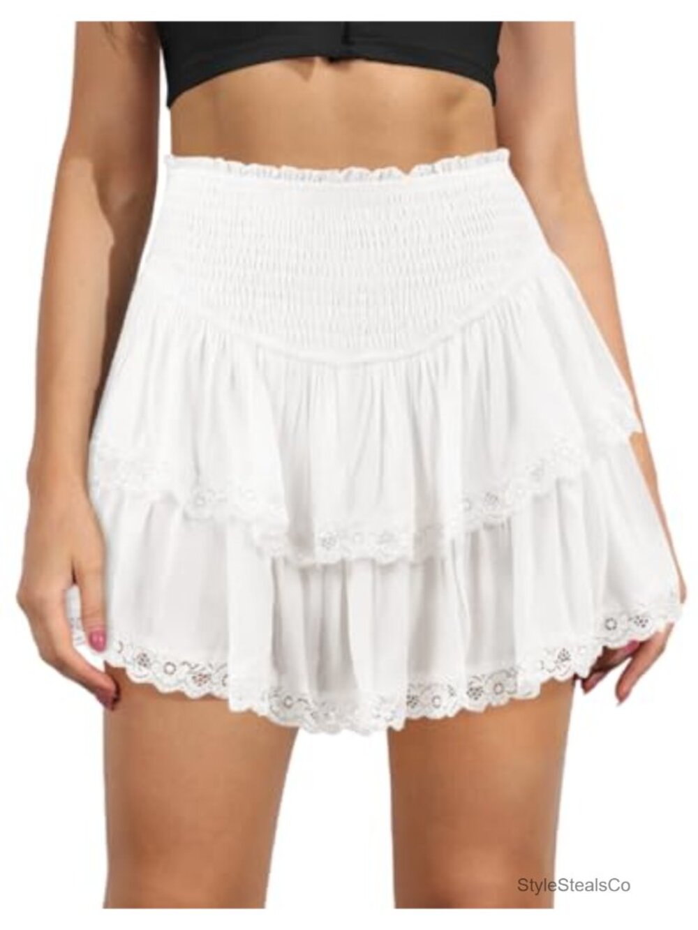 Womens Ruffle Hem Mini Skirt with Shorts Rayon Smocked Waist